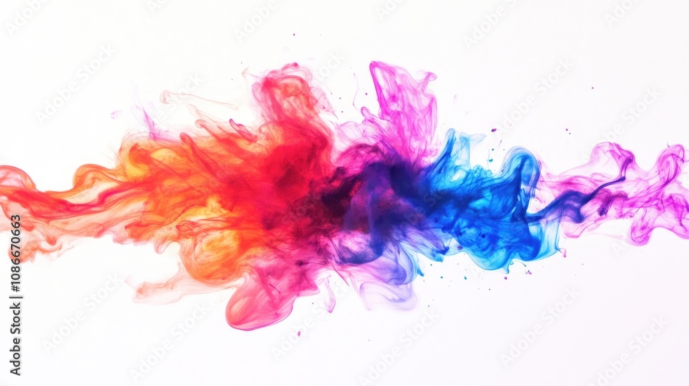 Obraz premium Colorful abstract smoke wave blending shades of red, orange, blue, and pink against a pristine white background, creating a vibrant artistic effect.