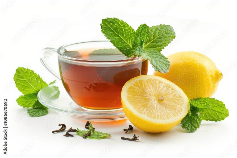 Tea with mint and lemon in white cup on white background. Tea with mint and lemon in white cup on white background.