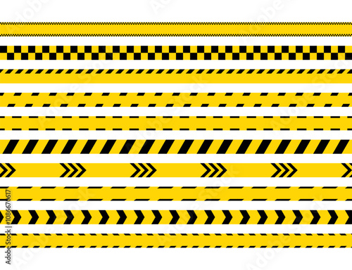Seamless striped boundary lines. Yellow black ribbons. Stop tapes set. Warning barrier tapes for danger places. Caution crime scene bands. Do not cross police road sign. Vector illustration.