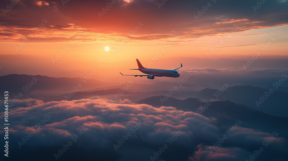 A plane flying high above the clouds during a breathtaking sunset, with mountains in the distance. A plane flying high above the clouds during a breathtaking sunset, with mountains in the distance.