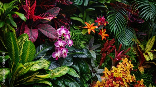 Tropical rainforest scene with exotic plants and colorful flowers