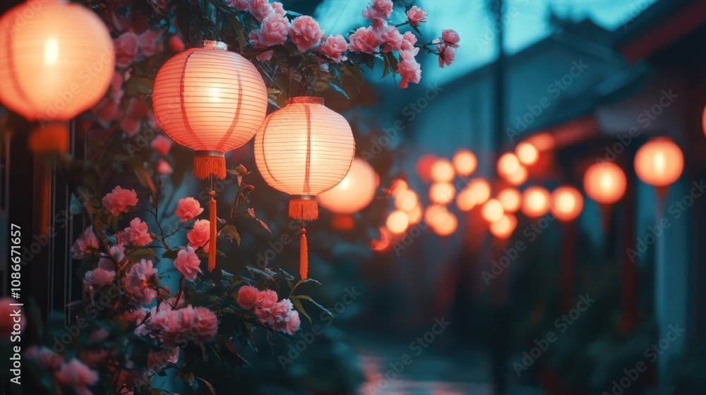Lanterns Suspended Amidst Vibrant Flowers Lighting Up Streets for a Cultural Festival Celebration Lanterns Suspended Amidst Vibrant Flowers Lighting Up Streets for a Cultural Festival Celebration