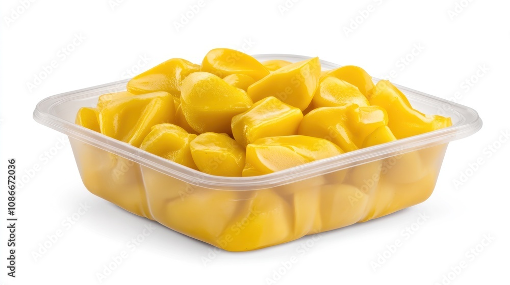 A container filled with yellow fruit pieces, likely mango or similar tropical fruit. A container filled with yellow fruit pieces, likely mango or similar tropical fruit.