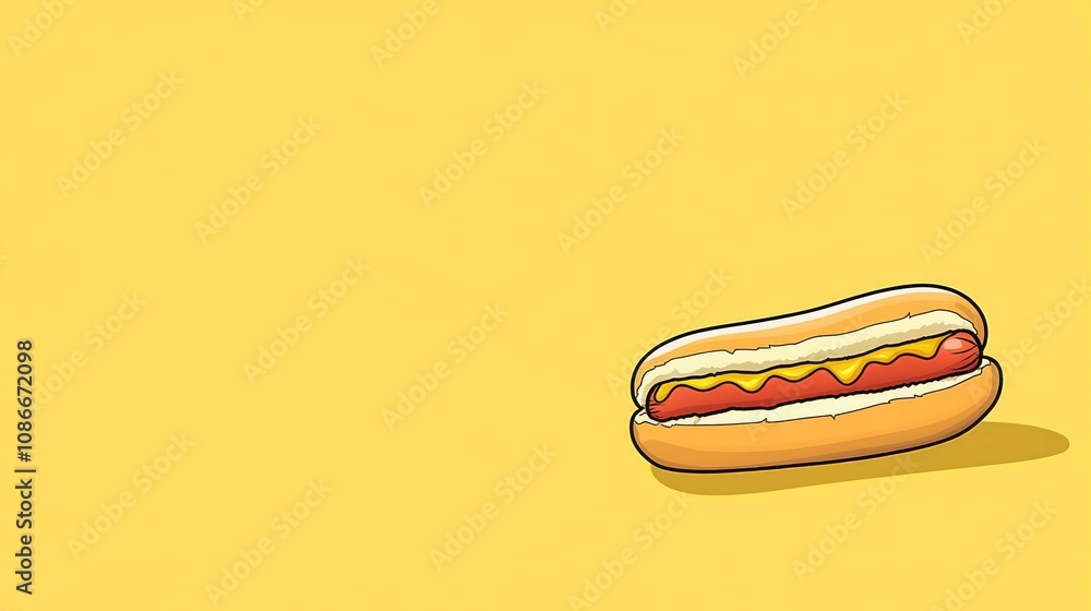 Cartoon illustration of a hot dog with mustard on a vibrant yellow background featuring plenty of empty space for text or food-related designs Cartoon illustration of a hot dog with mustard on a vibrant yellow background featuring plenty of empty space for text or food-related designs