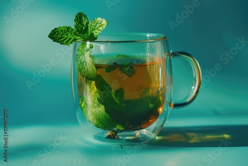 A Cup of green tea and a mint leaf. Green tea in a glass Cup.