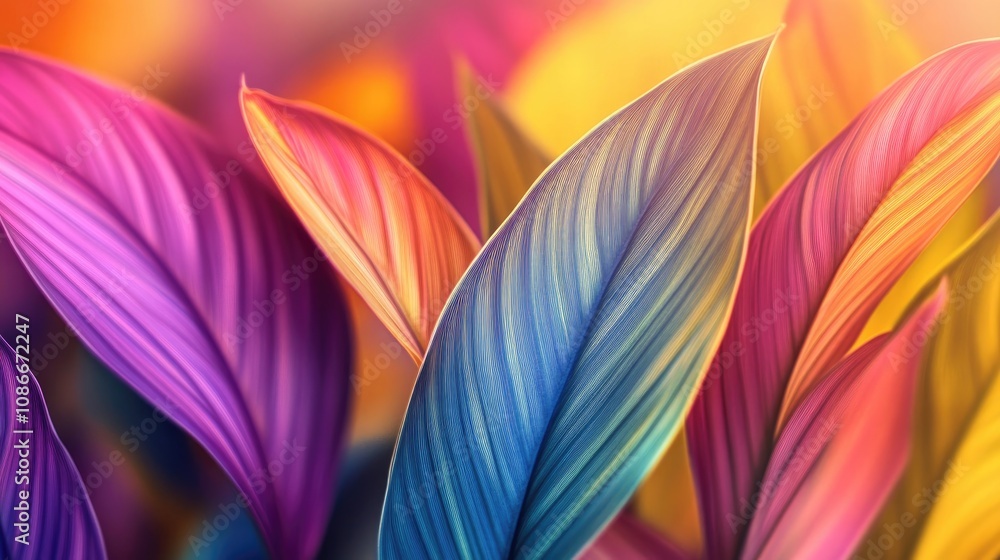 Tropical leaves in a vibrant multicolored gradient featuring shades of pink, blue, and purple, creating a visually striking and lively atmosphere. Tropical leaves in a vibrant multicolored gradient featuring shades of pink, blue, and purple, creating a visually striking and lively atmosphere.