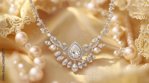 Elegant and Luxurious Diamond Necklace Surrounded by Pearls on Soft Fabric Background for Jewelry Collection Display and Fashion Elegance