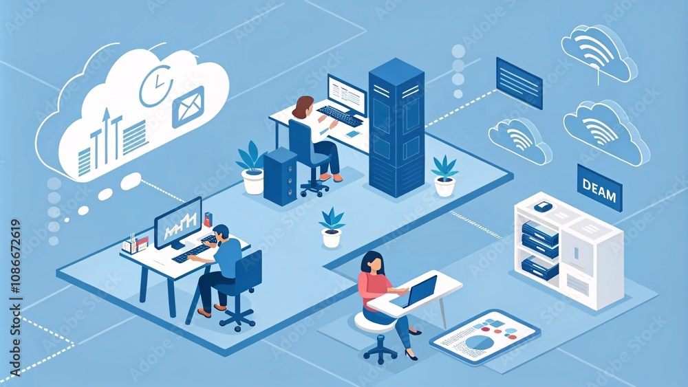 Obraz premium Futuristic Isometric Digital Workspace, Cloud Computing, Data Analytics and Smart Connectivity V6