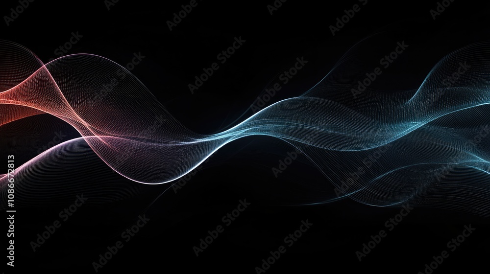 Fototapeta premium Flowing wave patterns in gradient hues of red and blue against a smooth black background, creating an elegant and modern visual effect.