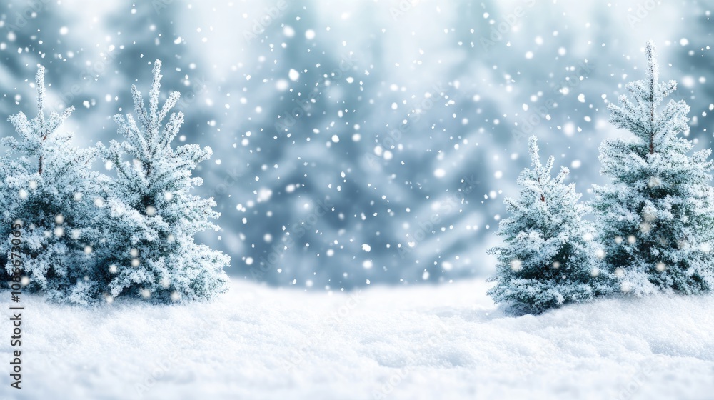 Serene snowy landscape featuring softly blurred evergreen trees blanketed in snow with gentle snowflakes cascading through the air. Serene snowy landscape featuring softly blurred evergreen trees blanketed in snow with gentle snowflakes cascading through the air.