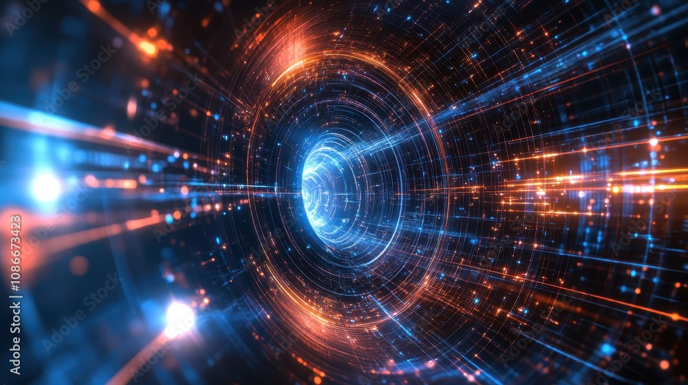 A dynamic visualization of light and energy, depicting a swirling tunnel filled with vibrant blue and orange hues, suggesting motion and depth in a cosmic environment. A dynamic visualization of light and energy, depicting a swirling tunnel filled with vibrant blue and orange hues, suggesting motion and depth in a cosmic environment.