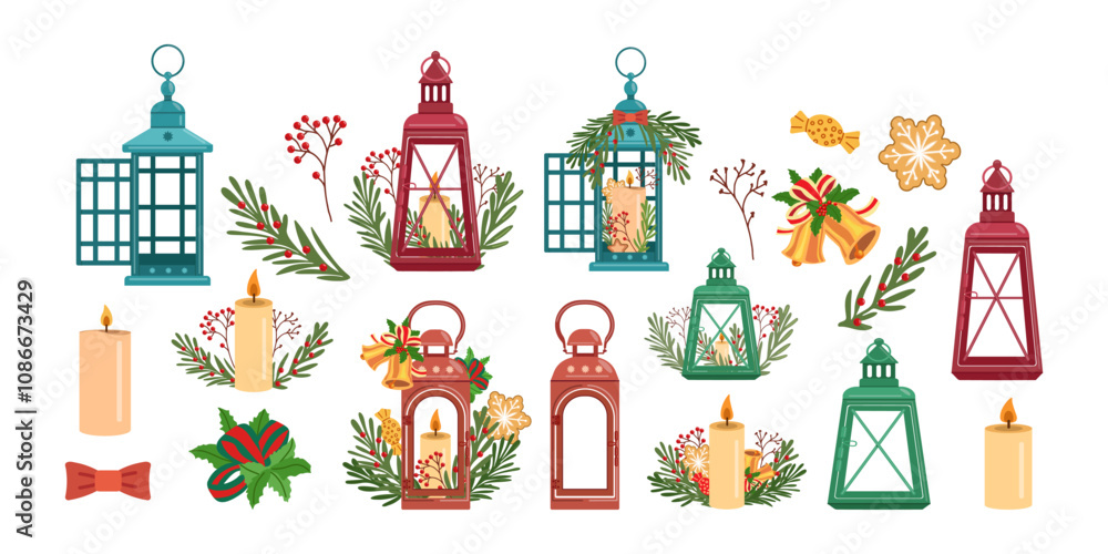Winter Christmas lanterns, decor in vector style. Winter Christmas lanterns, decor in vector style.