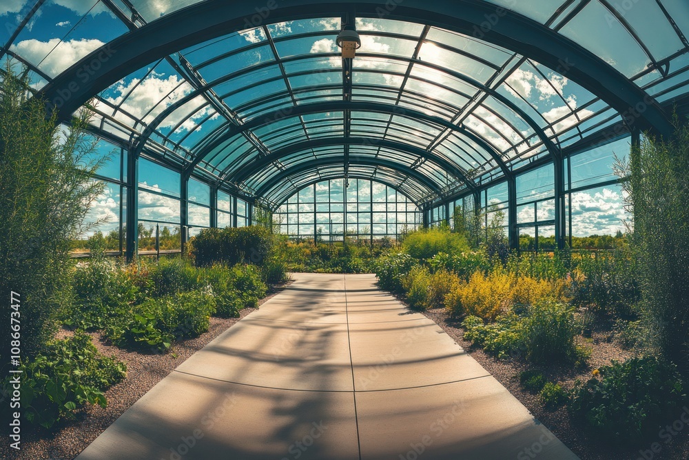 A spacious greenhouse with a pathway and lush greenery under a bright sky. A spacious greenhouse with a pathway and lush greenery under a bright sky.
