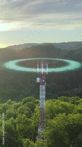 Animation of electromagnetic radiation from 5G telecommunication tower. 3D render of vertical video