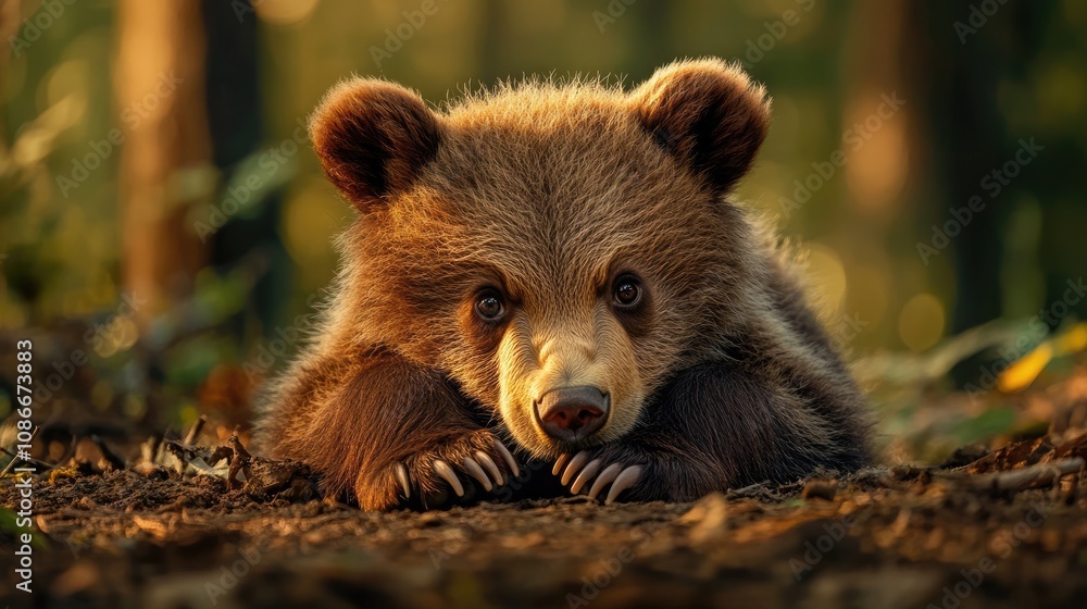 Fototapeta premium A Curious Bear Cub in the Forest