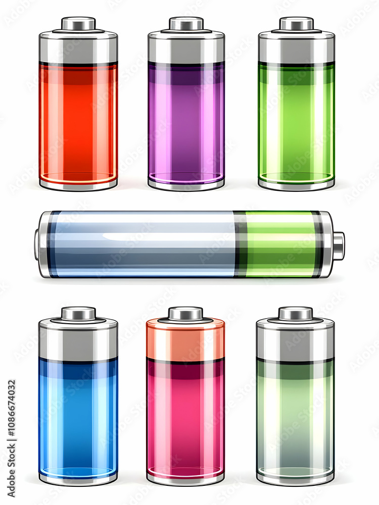 Colored battery models illustrated on white background Colored battery models illustrated on white background