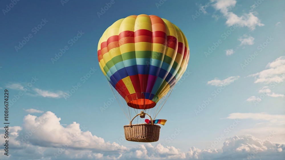 Fototapeta premium Majestic Rainbow Hot Air Balloon at Sunrise, Chevron Pattern Soaring in a Dreamy, Peaceful Sky V5