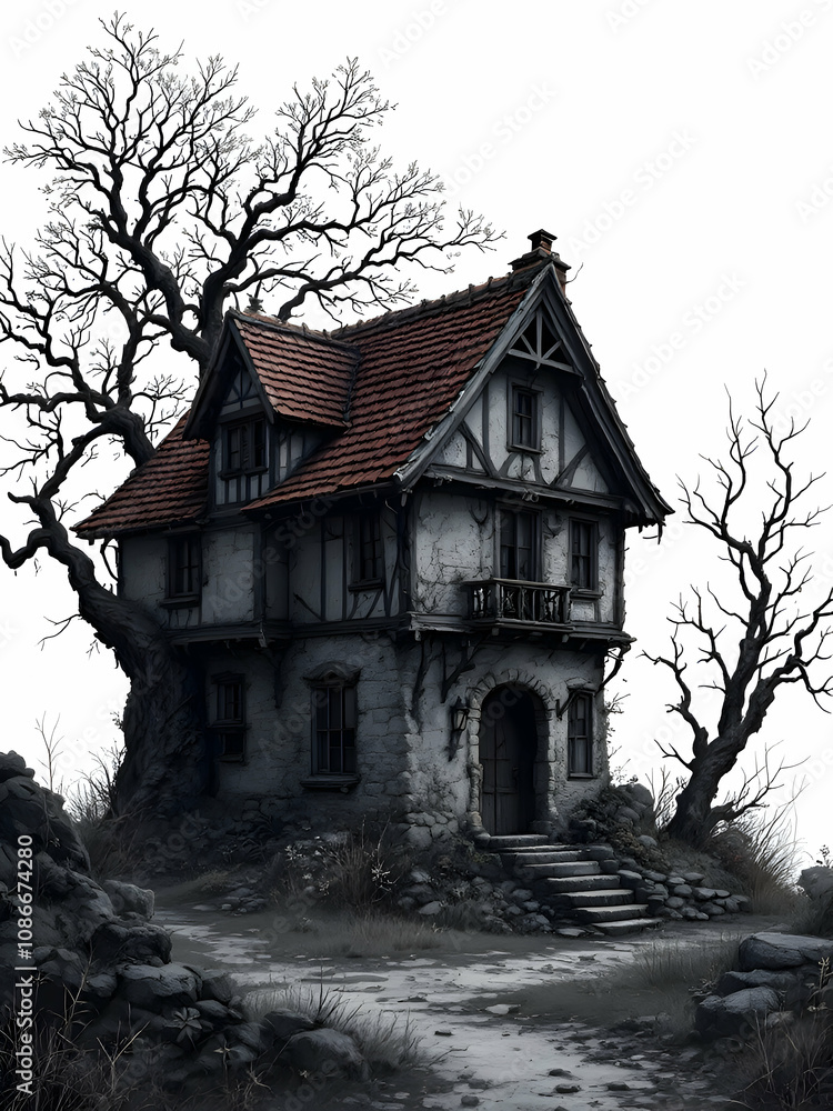 Fototapeta premium Dark age house model isolated on white background