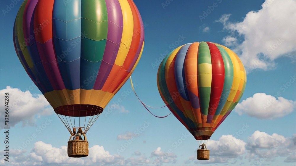 Obraz premium Majestic Rainbow Hot Air Balloon at Sunrise, Chevron Pattern Soaring in a Dreamy, Peaceful Sky V6
