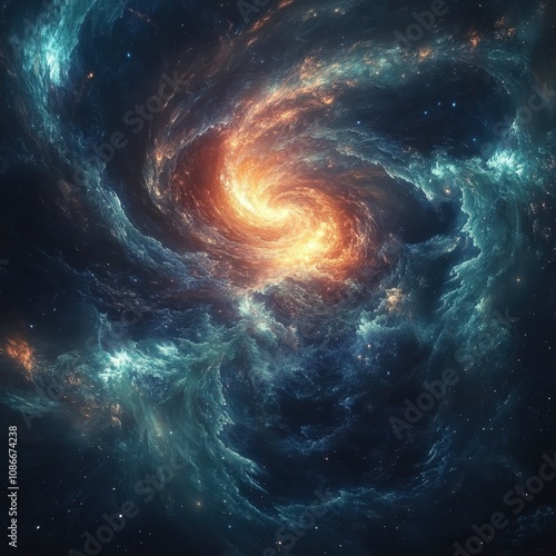 A vibrant cosmic swirl of colors depicting a galaxy, with bright orange and blue hues illustrating the beauty of the universe.