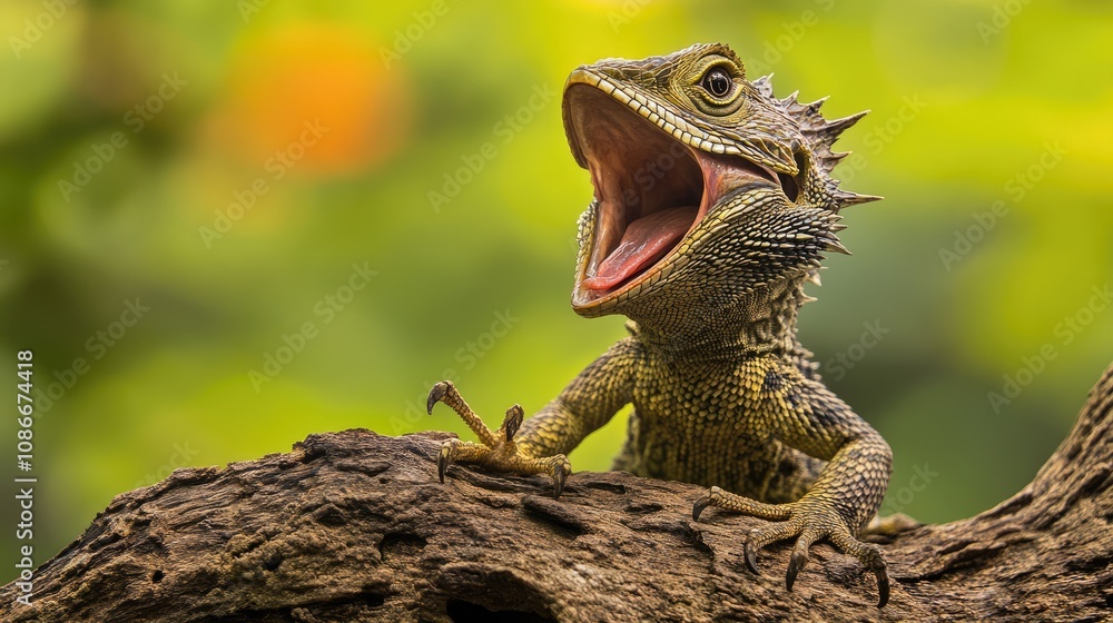 Obraz premium Green Lizard with Open Mouth on a Branch