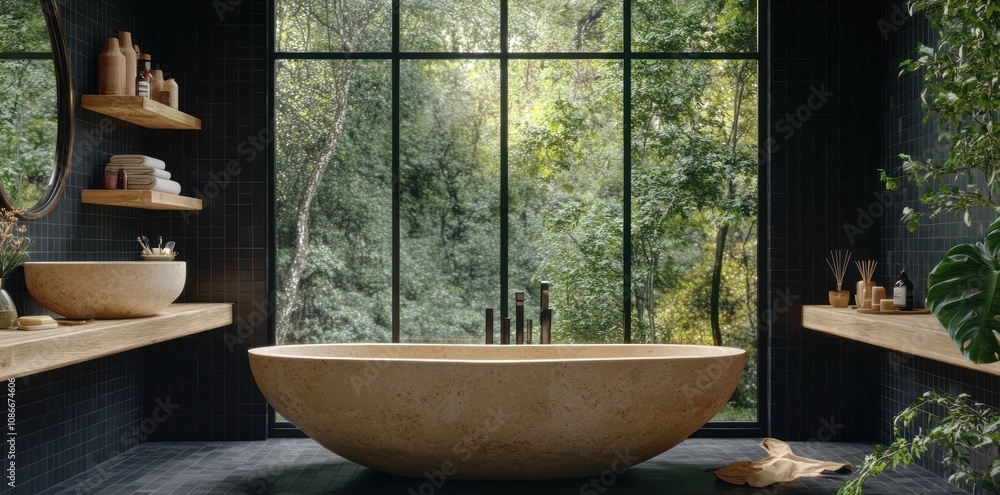 A serene bathroom with a large bathtub and natural surroundings. A serene bathroom with a large bathtub and natural surroundings.