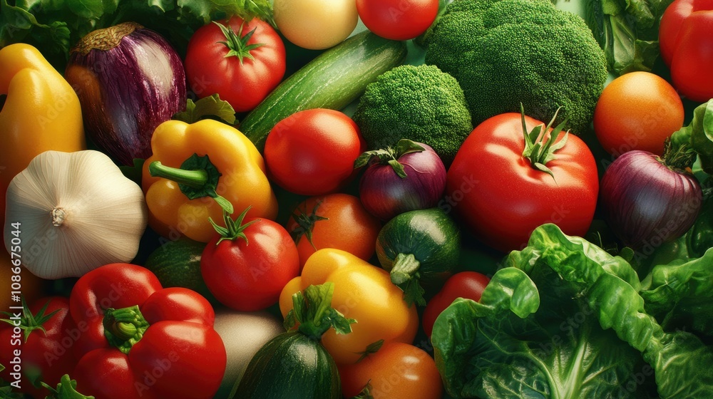A vibrant array of fresh vegetables including bell peppers, tomatoes, and greens, perfect for healthy meals and cooking. A vibrant array of fresh vegetables including bell peppers, tomatoes, and greens, perfect for healthy meals and cooking.