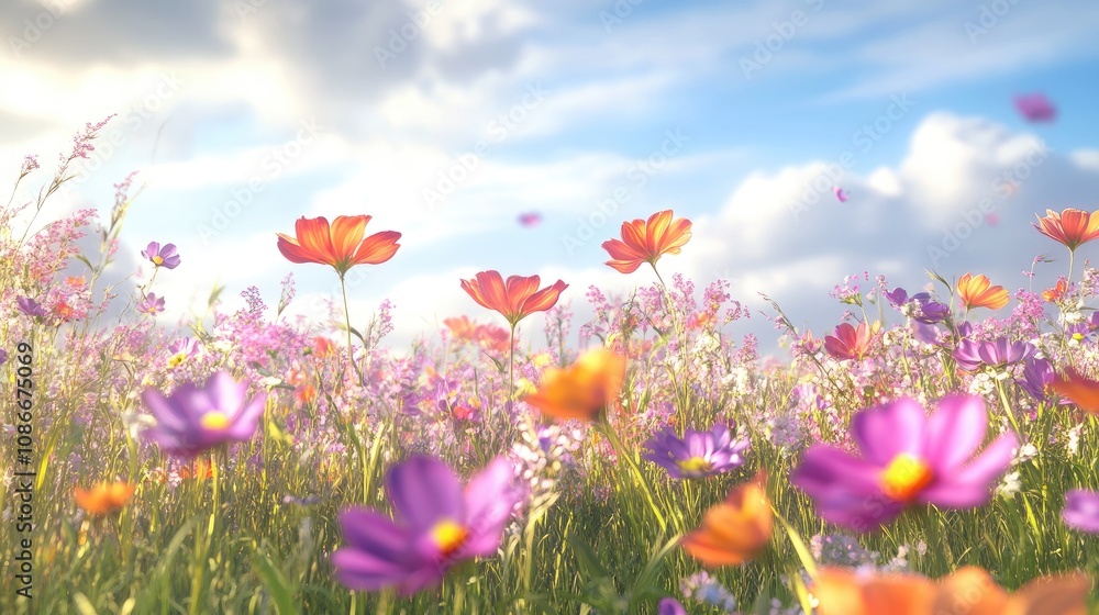 Vibrant field of wildflowers in various hues, under a bright blue sky with fluffy clouds, creating a tranquil and cheerful atmosphere. Vibrant field of wildflowers in various hues, under a bright blue sky with fluffy clouds, creating a tranquil and cheerful atmosphere.