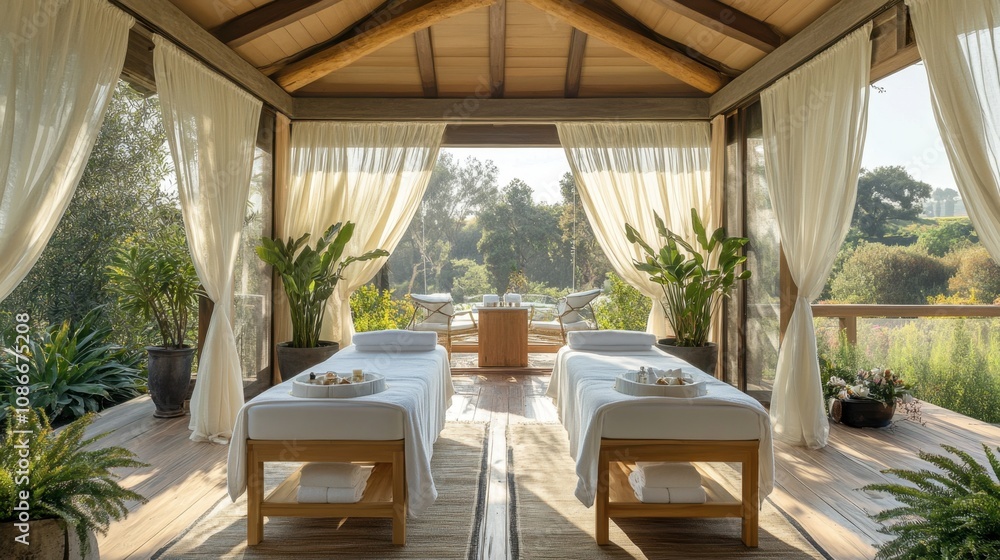 Fototapeta premium Tranquil Outdoor Spa Retreat with Luxurious Massage Beds Surrounded by Lush Greenery in a Relaxing Natural Environment