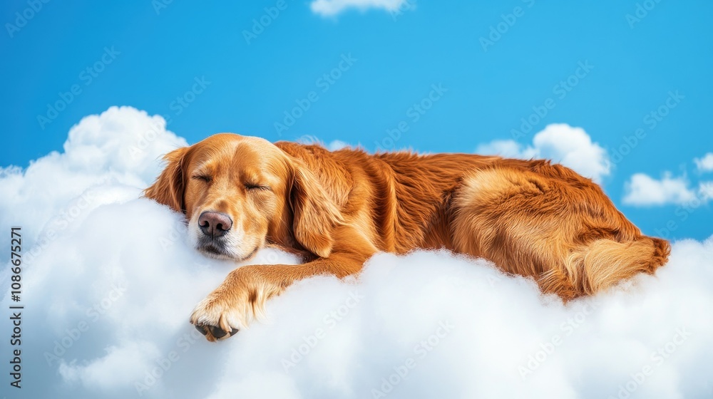 Dreaming Golden Retriever Dog Relaxing on Fluffy Clouds Against a Bright Blue Sky Creating a Serene and Whimsical Atmosphere Dreaming Golden Retriever Dog Relaxing on Fluffy Clouds Against a Bright Blue Sky Creating a Serene and Whimsical Atmosphere