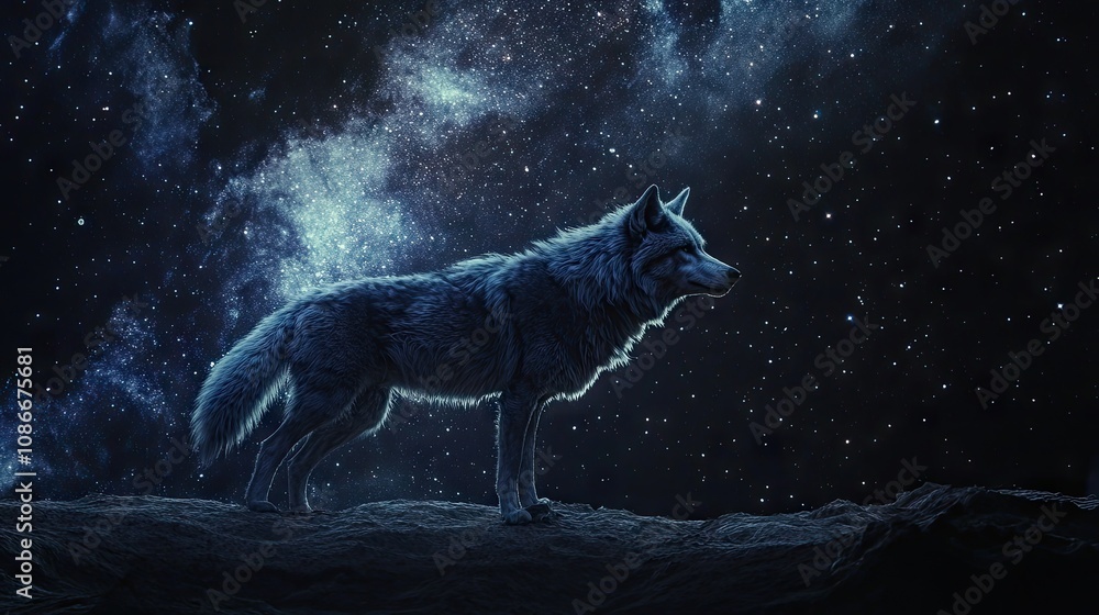 Fototapeta premium A majestic gray wolf stands against a cosmic backdrop, illuminated by stars in the night sky.