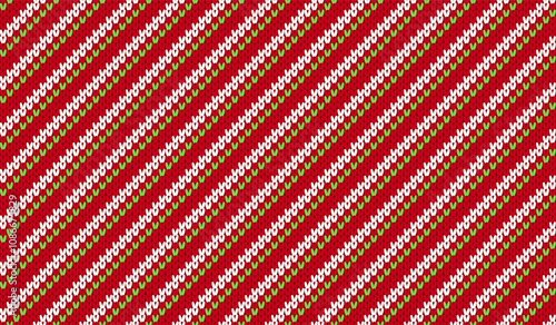 Christmas candy cane seamless knit background. Striped red green knitted pattern. Xmas prints with diagonal lines. Abstract geometric texture. Cute holiday wrapping paper. Vector illustration.