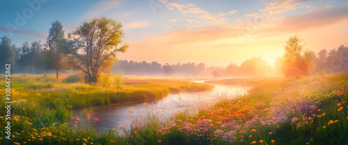 Sunrise over a tranquil river and meadow.