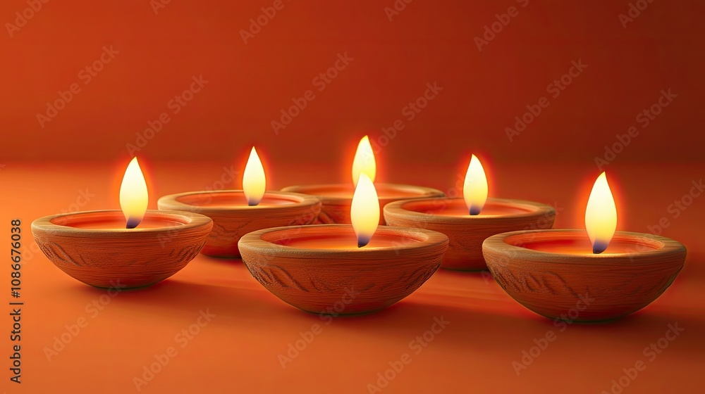 A serene display of seven terracotta oil lamps glowing warmly against an orange background, creating a peaceful ambiance. A serene display of seven terracotta oil lamps glowing warmly against an orange background, creating a peaceful ambiance.
