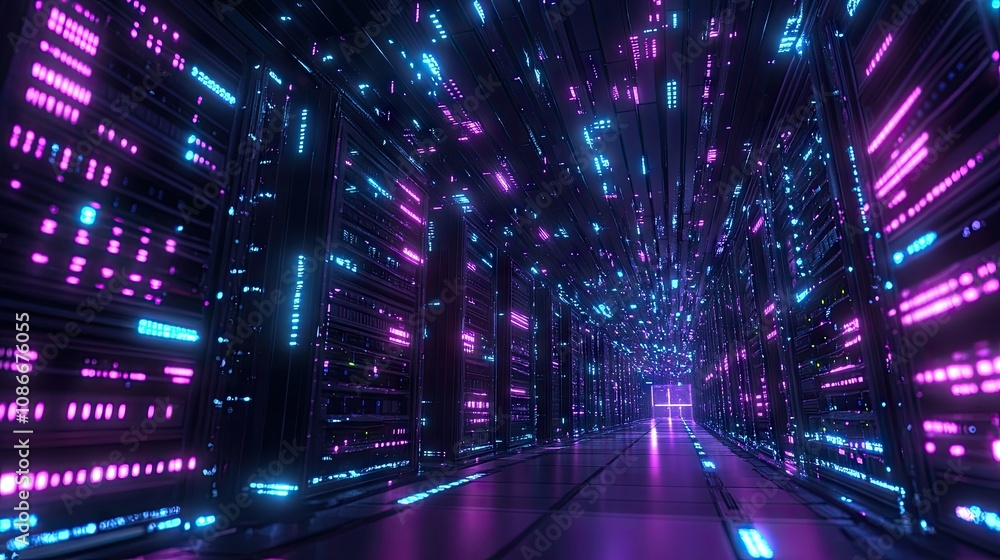 Futuristic server room illuminated by vibrant neon lights in shades of pink and blue. Futuristic server room illuminated by vibrant neon lights in shades of pink and blue.