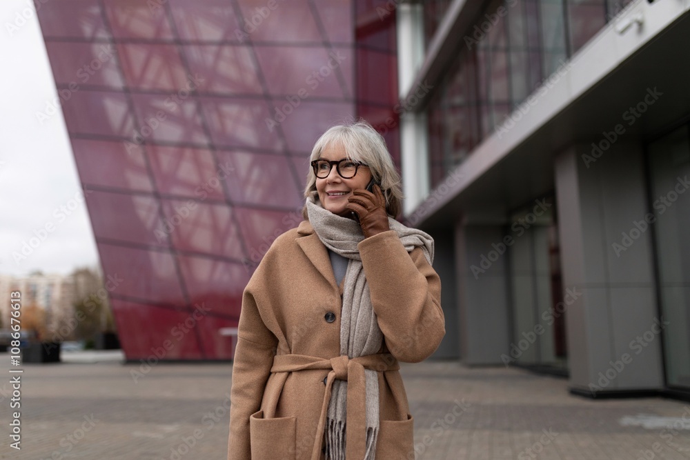 Naklejka premium A smiling elderly woman with glasses enjoys a stroll outside a modern building during a cloudy day in the city