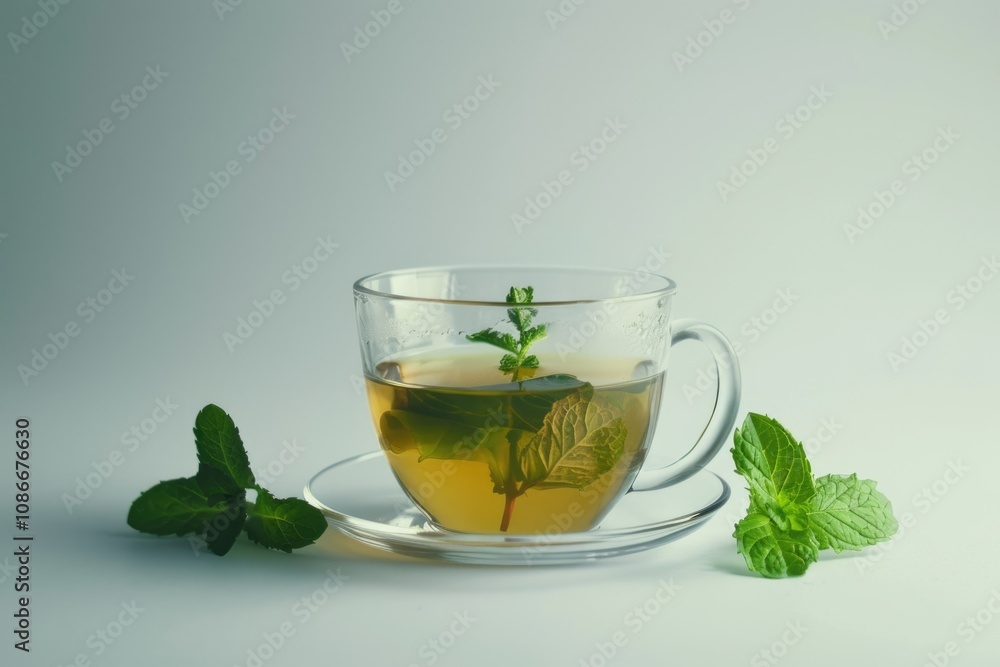 Glass cup of tea with mint on white Glass cup of tea with mint on white