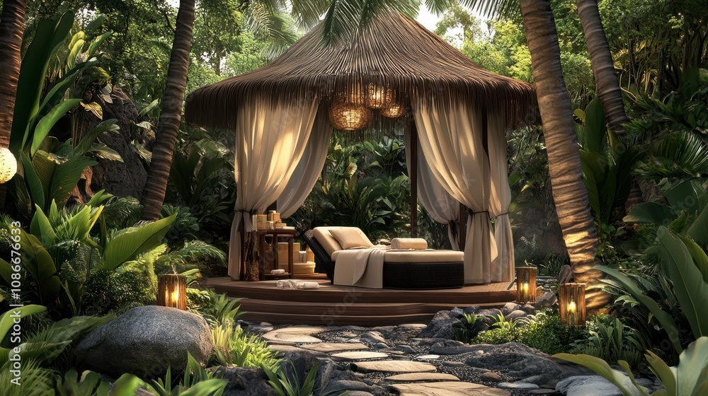 Obraz premium Serene Outdoor Spa Retreat Surrounded by Lush Greenery and Tropical Plants in a Peaceful Nature Setting with Canopy and Lanterns