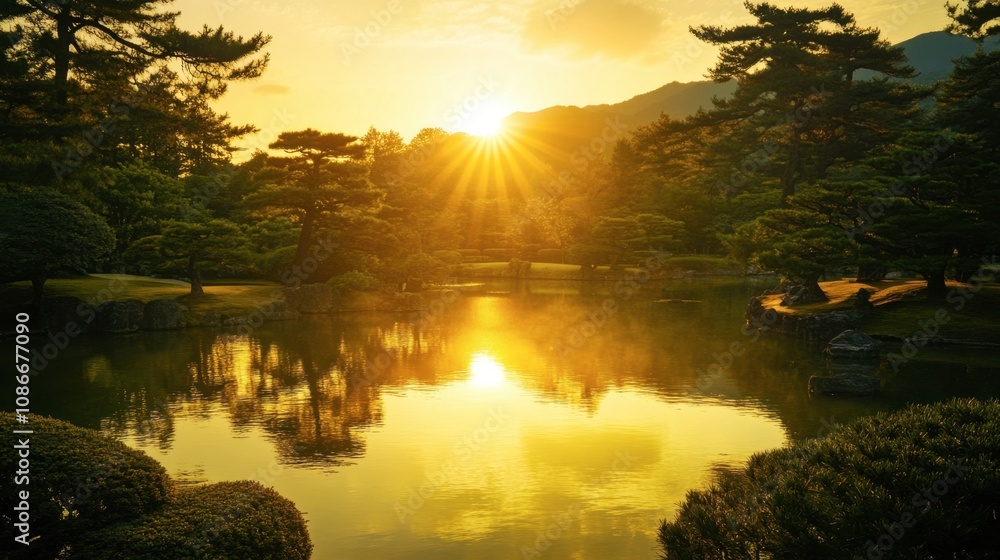 Obraz premium Serene Sunrise Over Tranquil Lake Surrounded by Lush Greenery and Majestic Trees in a Beautiful Japanese Garden at Dawn