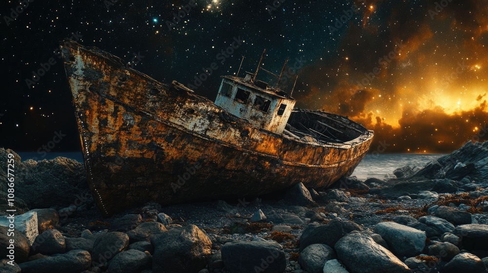 An aged, rusting shipwreck rests on rocky terrain under a starry night sky, casting an eerie yet captivating atmosphere. An aged, rusting shipwreck rests on rocky terrain under a starry night sky, casting an eerie yet captivating atmosphere.