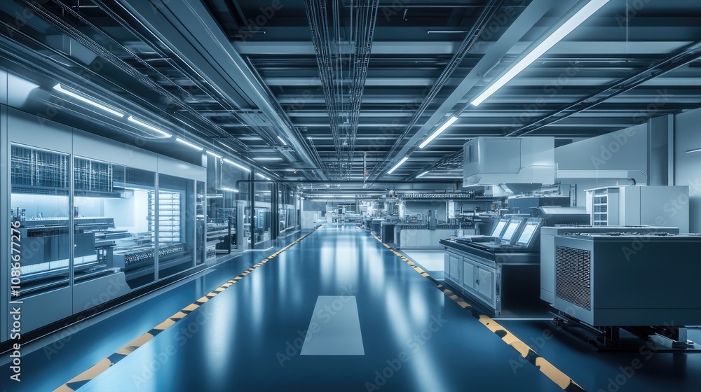 A modern industrial facility featuring a clean, blue-toned interior with advanced machinery and organized workstations. A modern industrial facility featuring a clean, blue-toned interior with advanced machinery and organized workstations.