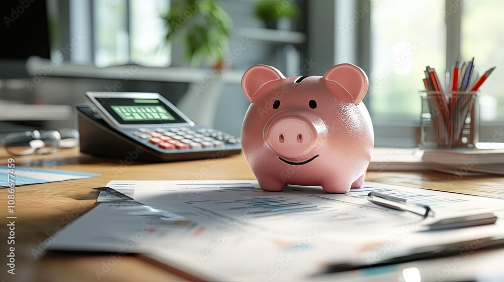 A cheerful pink piggy bank on a desk surrounded by financial documents and a calculator, symbolizing savings and budgeting. A cheerful pink piggy bank on a desk surrounded by financial documents and a calculator, symbolizing savings and budgeting.