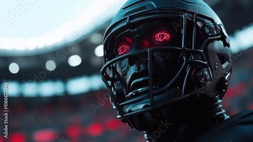 Close-up of futuristic robotic athlete in high-tech arena, featuring sleek black helmet with glowing red eyes and vibrant, dynamic stadium background, embodies innovation in sports. photo