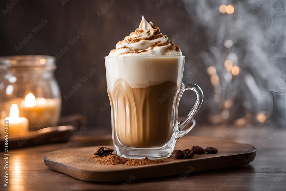 High-quality image of dalgona coffee with frothy whipped coffee on top of cold milk in a clear glass. Soft lighting to create a cozy, inviting atmosphere. High-quality image of dalgona coffee with frothy whipped coffee on top of cold milk in a clear glass. Soft lighting to create a cozy, inviting atmosphere.