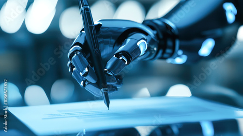 Close-up of sleek, robotic hand holding fountain pen above white paper, set against blurred, cool blue backdrop. image blends technology with creativity, ideal for ai and robotics themes. photo