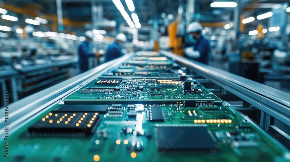 Close-up of circuit boards on a production line in a technology factory, showcasing the intricate designs and components. Close-up of circuit boards on a production line in a technology factory, showcasing the intricate designs and components.