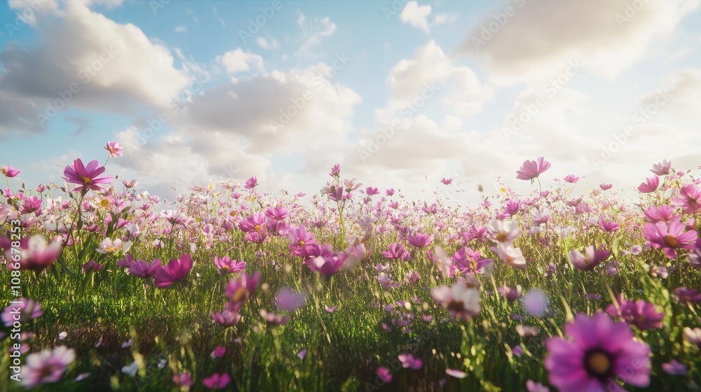 A vibrant field of pink and purple flowers under a bright blue sky with fluffy clouds. A vibrant field of pink and purple flowers under a bright blue sky with fluffy clouds.