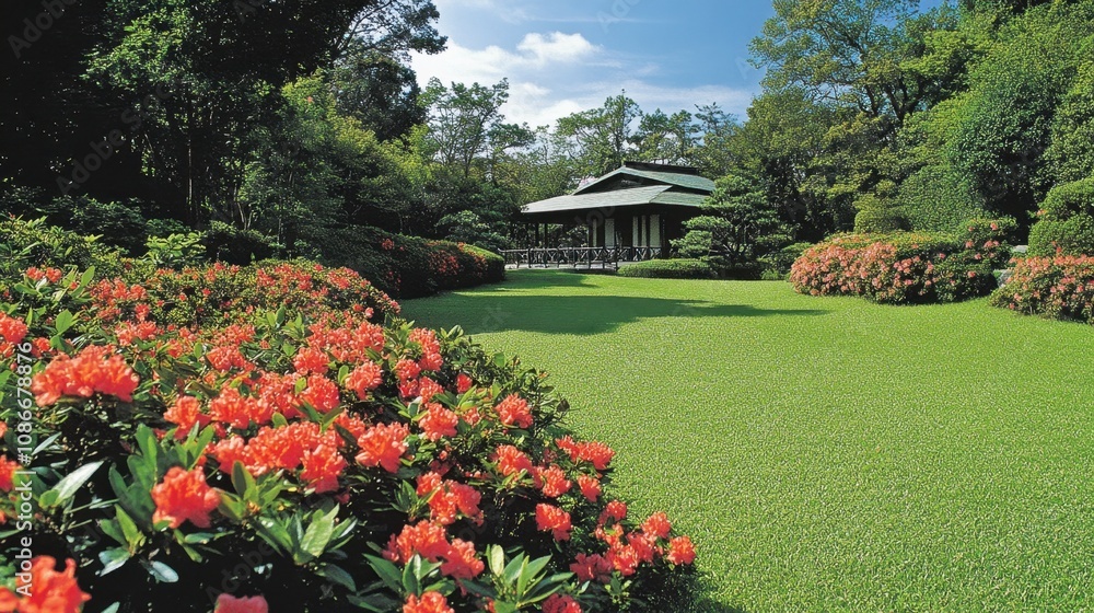 Obraz premium Serene Japanese Garden in Full Bloom with Vibrant Azaleas, Lush Greenery, and Tranquil Atmosphere Under Bright Blue Sky