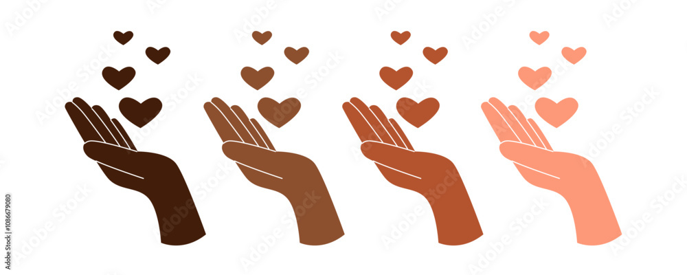 Fototapeta premium Human hands of different skin tones holding hearts isolated on white background. The concept of friendship, peace, equality, racial diversity, inclusivity. 