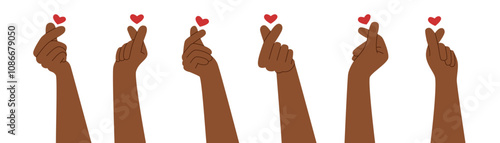 Set of human hands showing a sign heart, in flat style, isolated on a white background.